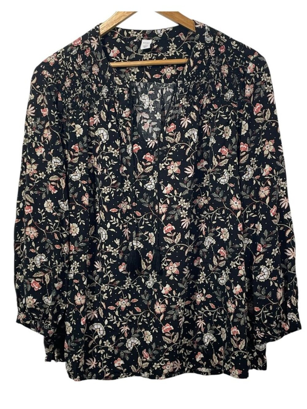 Old Navy Dark Floral Peasant Blouse V-Neck Tassels Sz L Petite Boho Cottagecore
